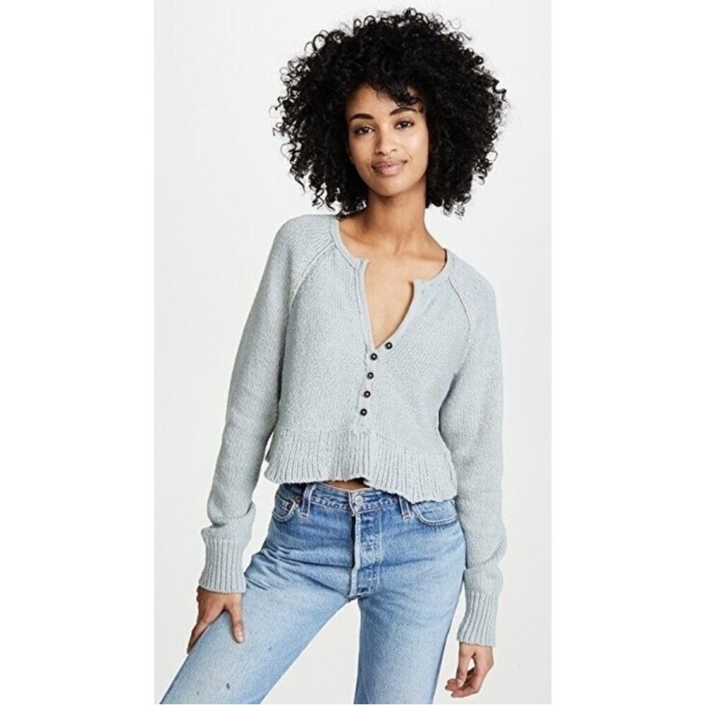 Sweetheart Henley Sweater • Cropped Button Front • Soft Gray Blue Cotton Knit